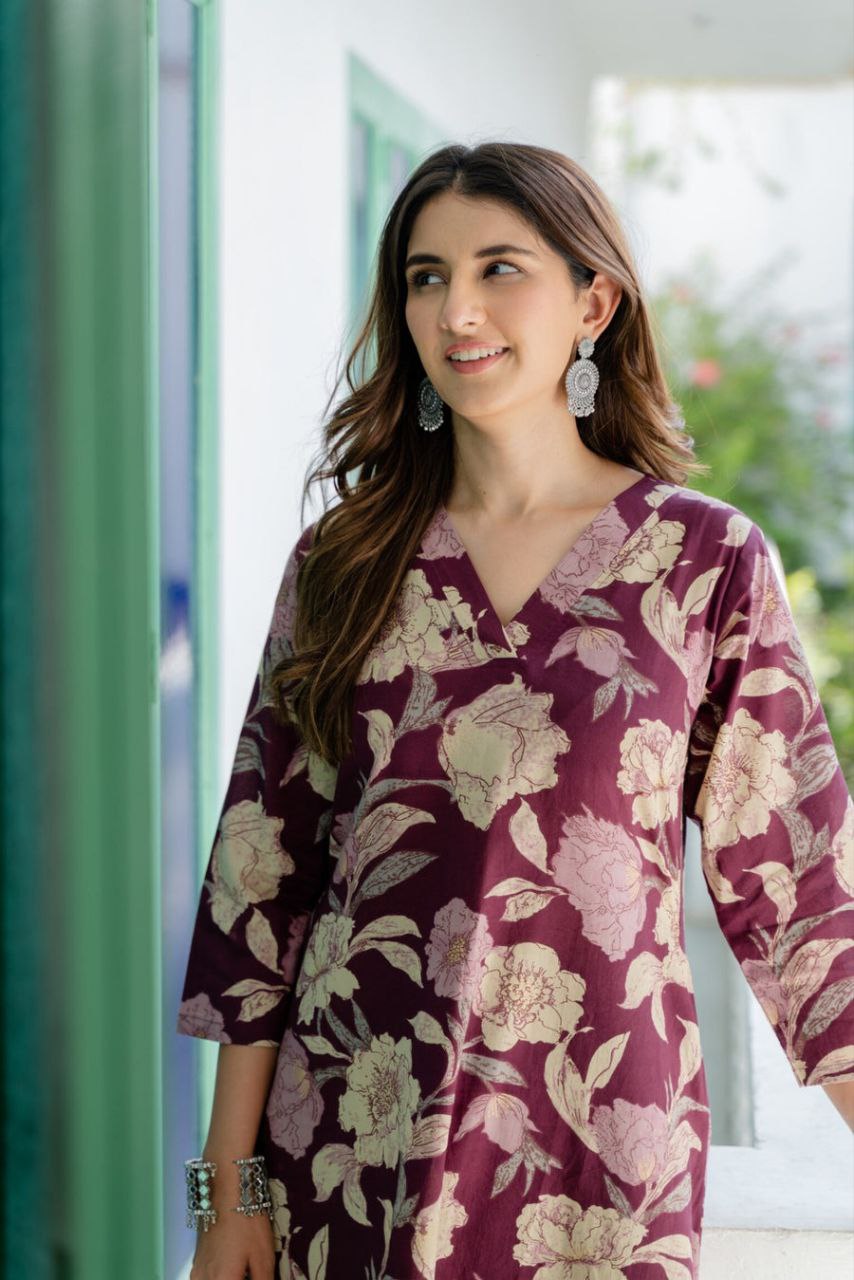 Plum Petals Wine Floral Layered Co-ord Set 🌺✨