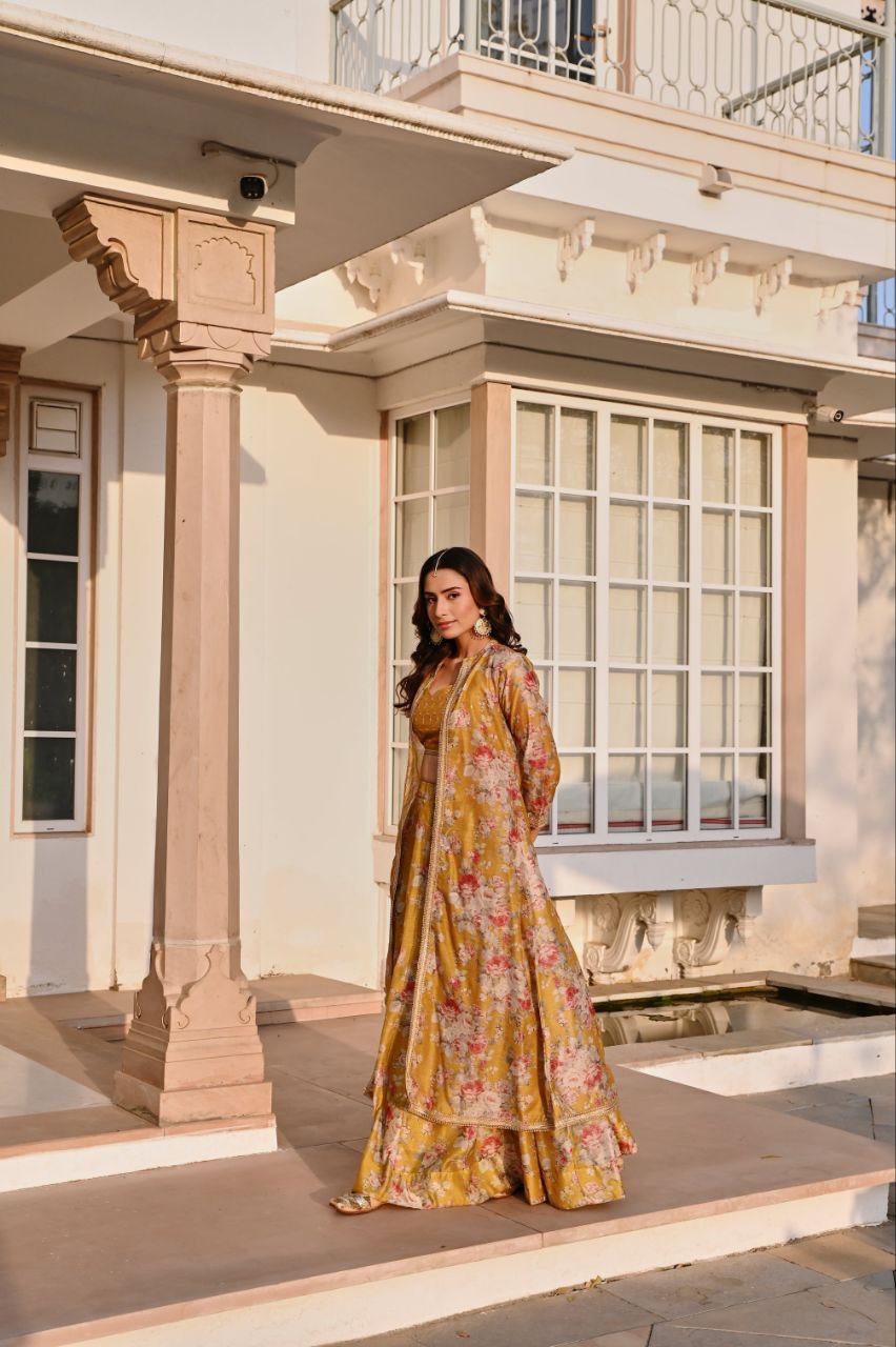 Floral Festive Lehenga Set – Aqua Blue & Mustard Yellow 🌸🌼
