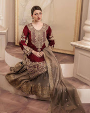Embroidered Maroon & Taupe Sharara Set – Luxury Formal Wear