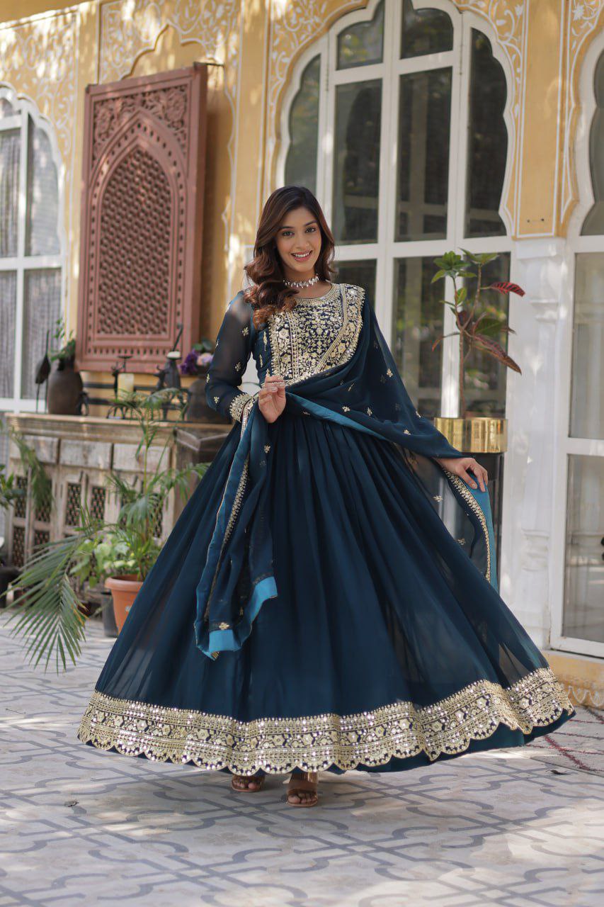 Regal Embroidered Anarkali Set with Dupatta – Purple & Navy Blue
