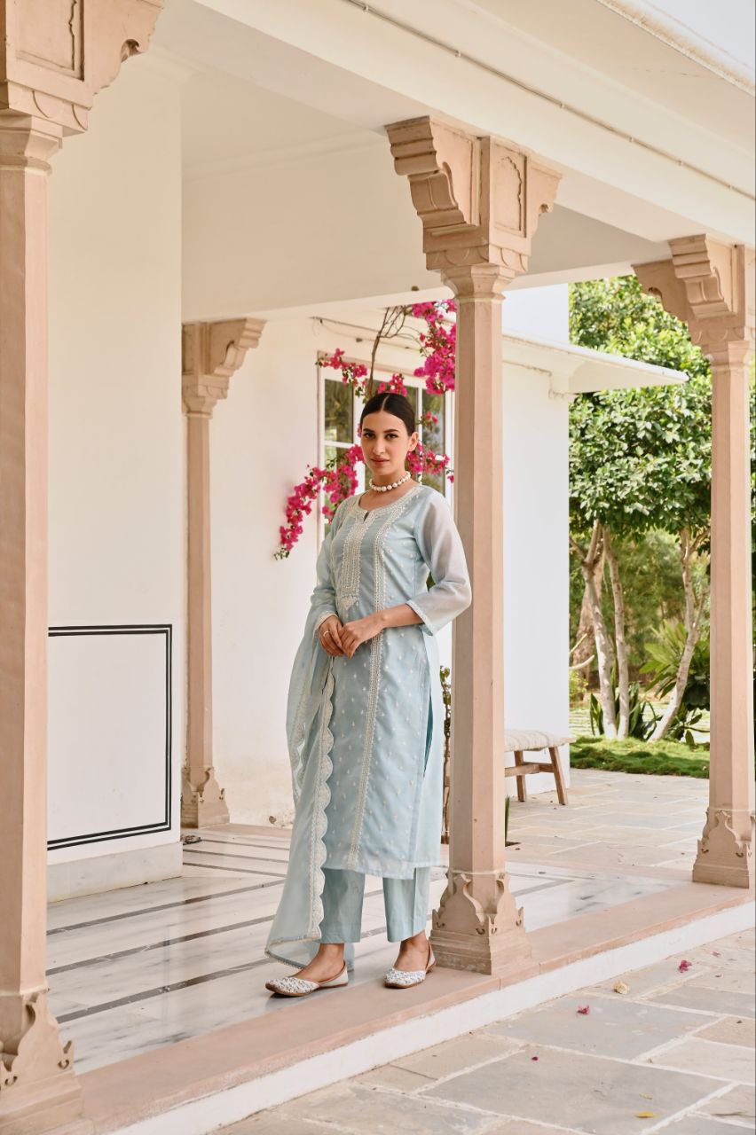 Pastel Blue Embroidered Kurta Set with Dupatta ❄️✨