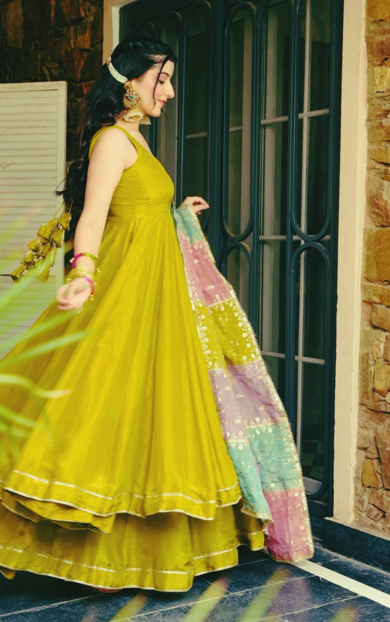 Lime Mustard Flared Anarkali Set with Contrast Dupatta