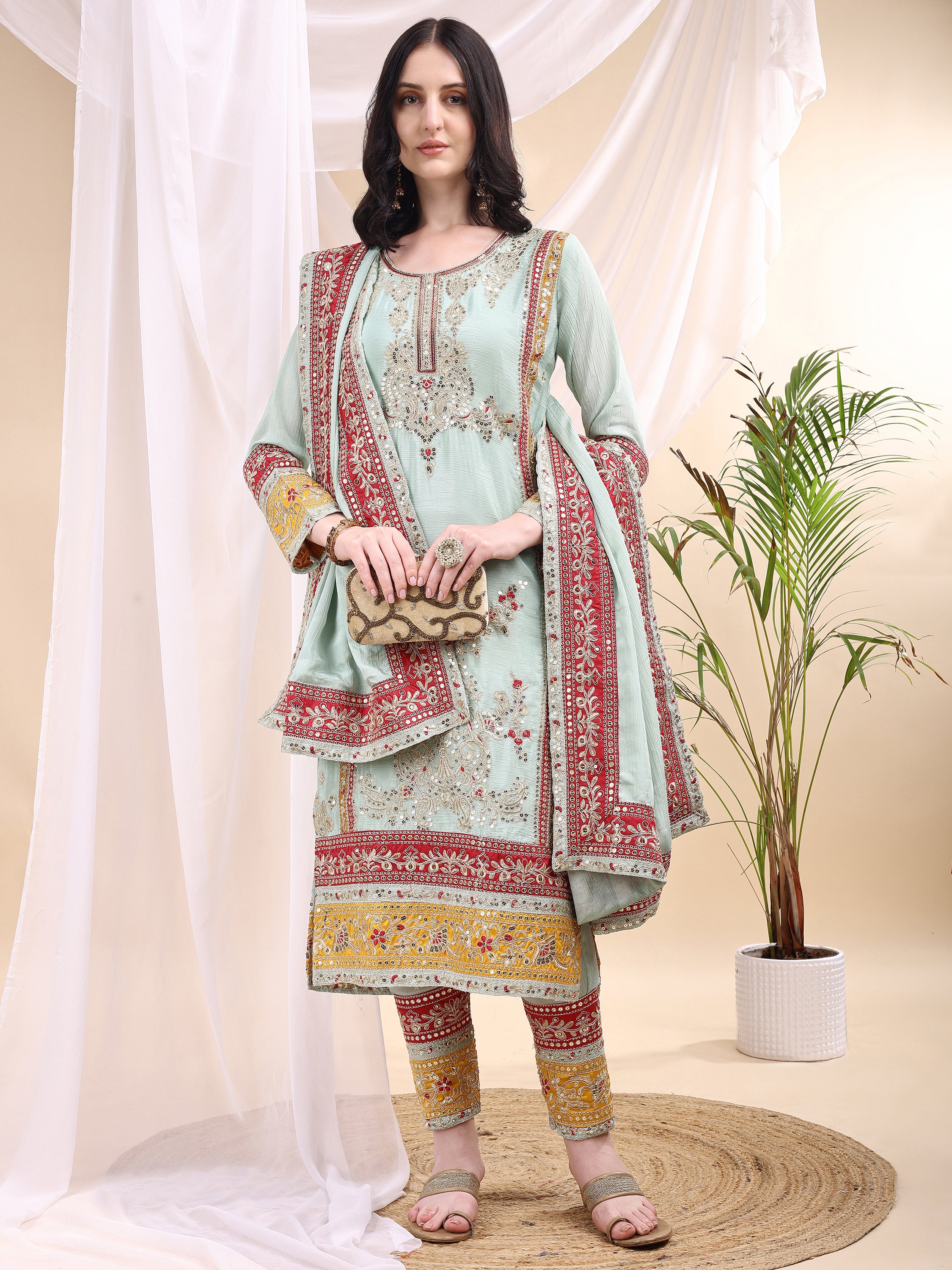 Mint Green Elegance – Embroidered Suit Set with Dupatta