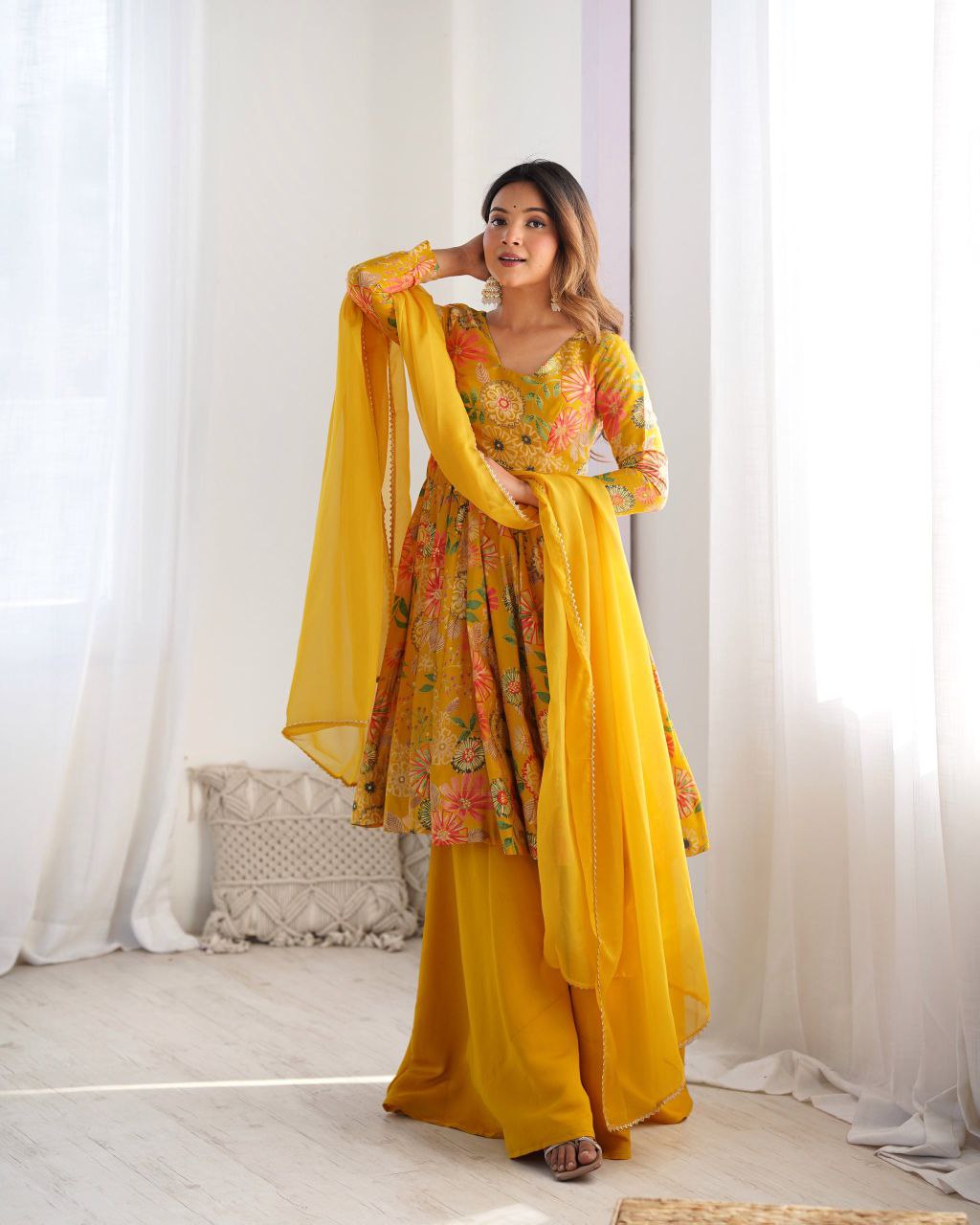 Sunshine Yellow Floral Anarkali Set with Palazzo ☀️🌸