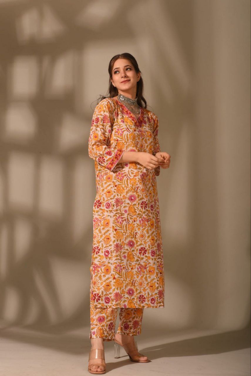 Sunset Bloom Handblock Kurta Set 🧡🌸