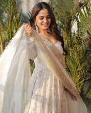 Elegant White Embroidered Anarkali with Dupatta