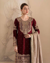 Embroidered Maroon & Taupe Sharara Set – Luxury Formal Wear
