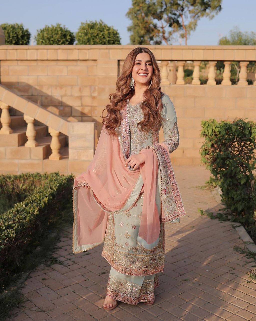 Pastel Green Embroidered Suit with Blush Peach Dupatta 🌸
