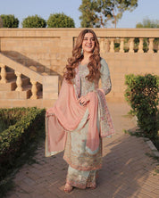 Pastel Green Embroidered Suit with Blush Peach Dupatta 🌸