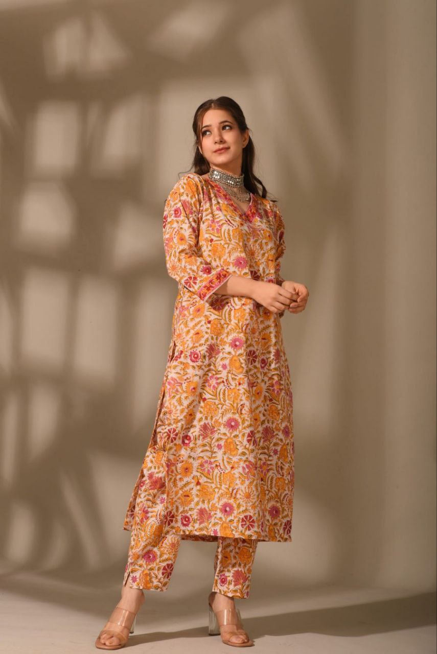 Sunset Bloom Handblock Kurta Set 🧡🌸