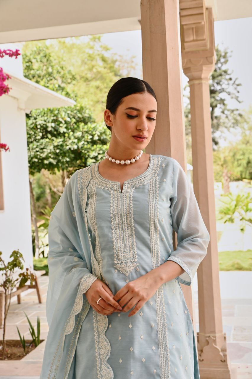 Pastel Blue Embroidered Kurta Set with Dupatta ❄️✨