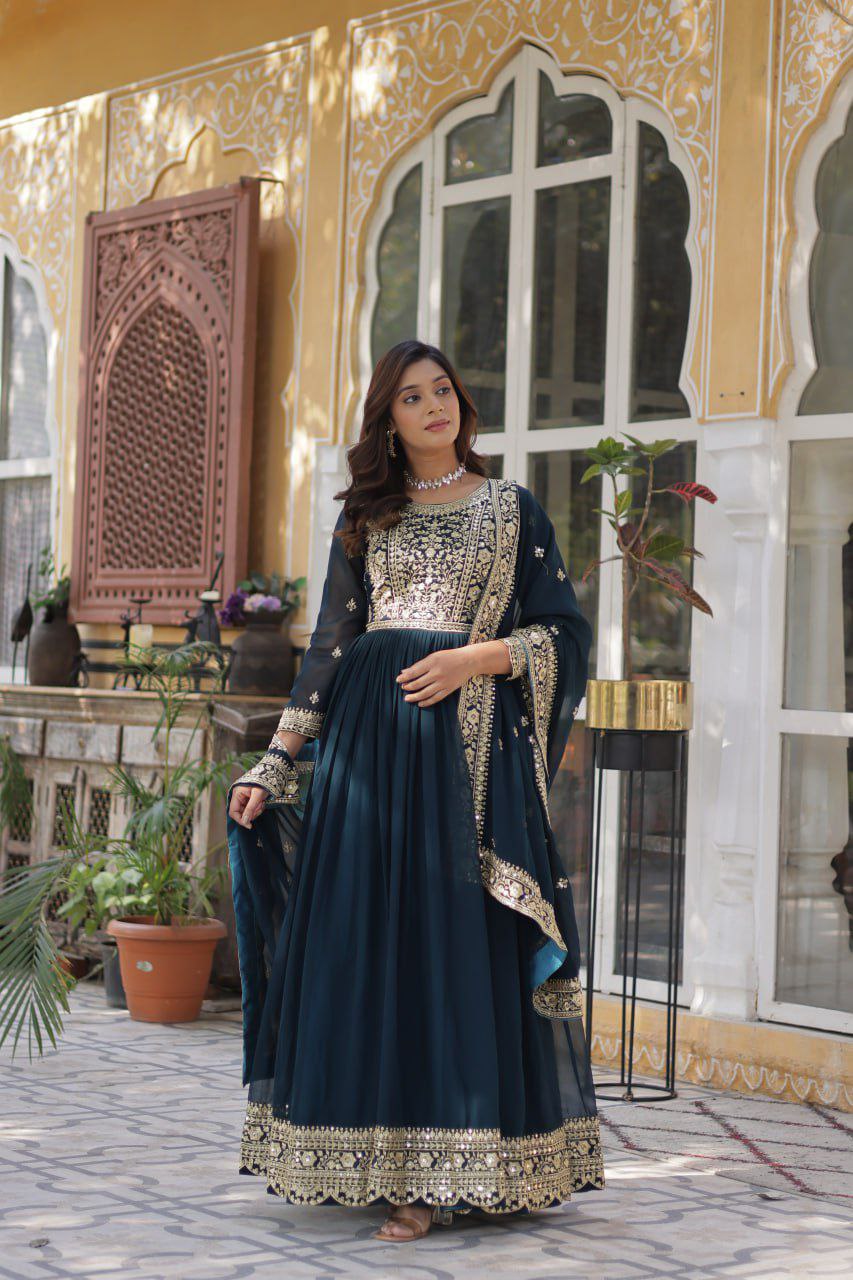 Regal Embroidered Anarkali Set with Dupatta – Purple & Navy Blue