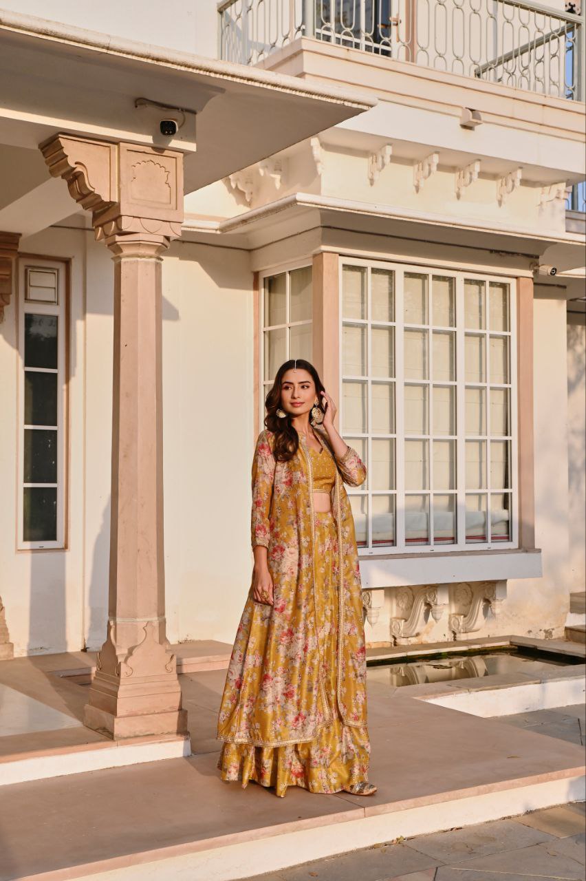 Floral Festive Lehenga Set – Aqua Blue & Mustard Yellow 🌸🌼