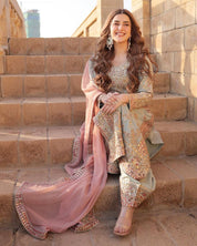 Pastel Green Embroidered Suit with Blush Peach Dupatta 🌸