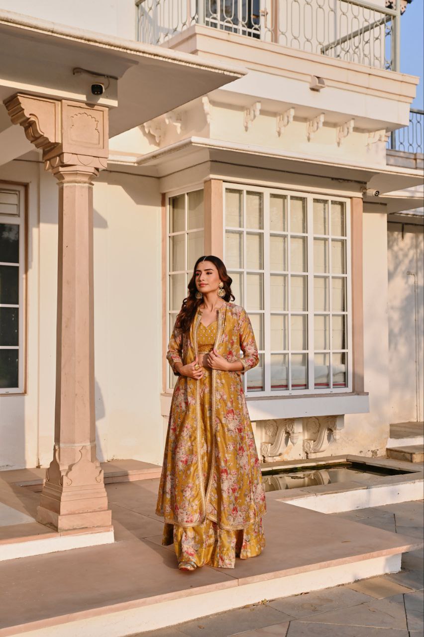Floral Festive Lehenga Set – Aqua Blue & Mustard Yellow 🌸🌼