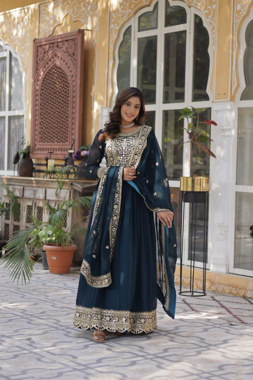 Regal Embroidered Anarkali Set with Dupatta – Purple & Navy Blue