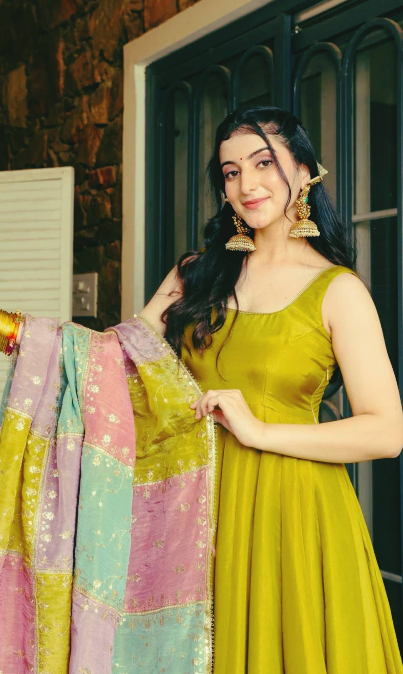 Lime Mustard Flared Anarkali Set with Contrast Dupatta