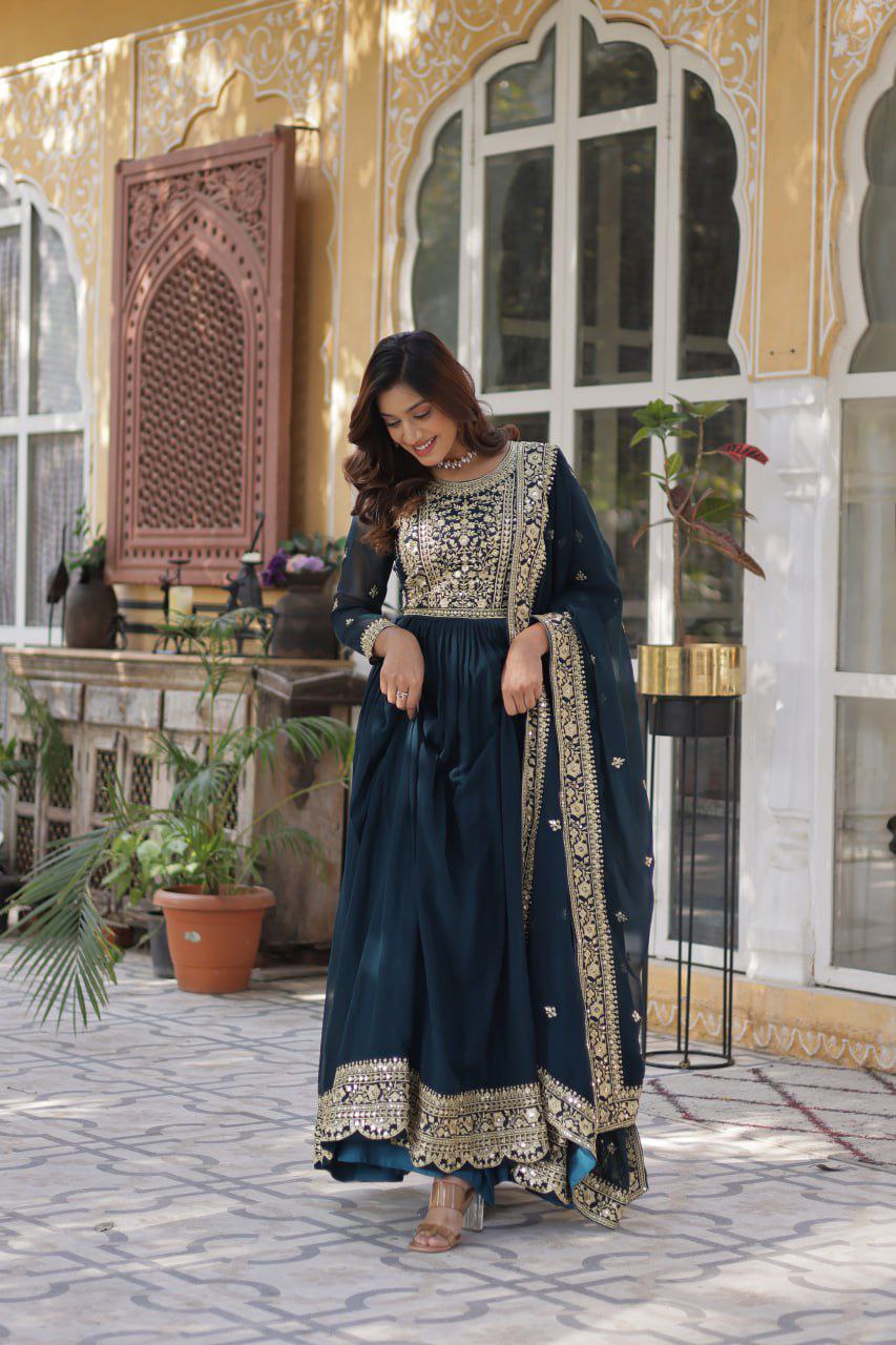 Regal Embroidered Anarkali Set with Dupatta – Purple & Navy Blue