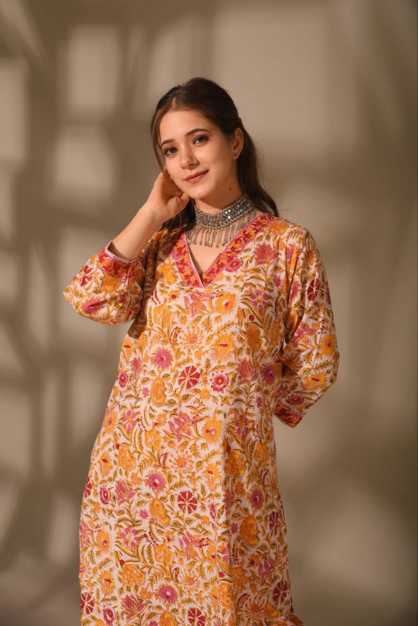 Sunset Bloom Handblock Kurta Set 🧡🌸