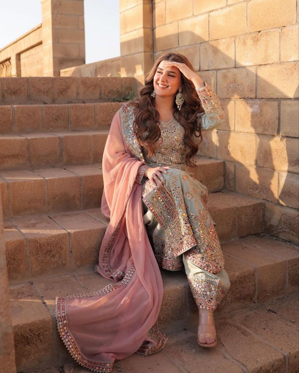 Pastel Green Embroidered Suit with Blush Peach Dupatta 🌸