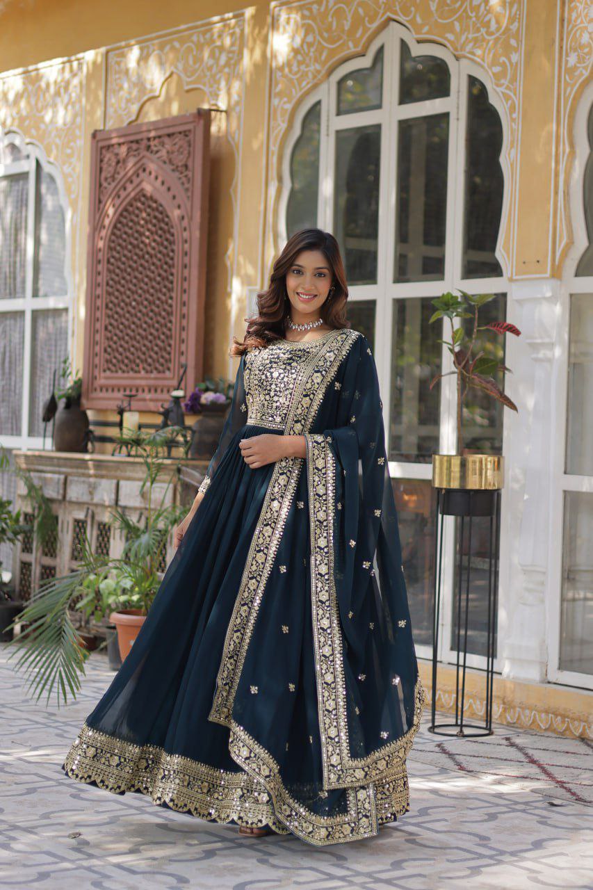 Regal Embroidered Anarkali Set with Dupatta – Purple & Navy Blue