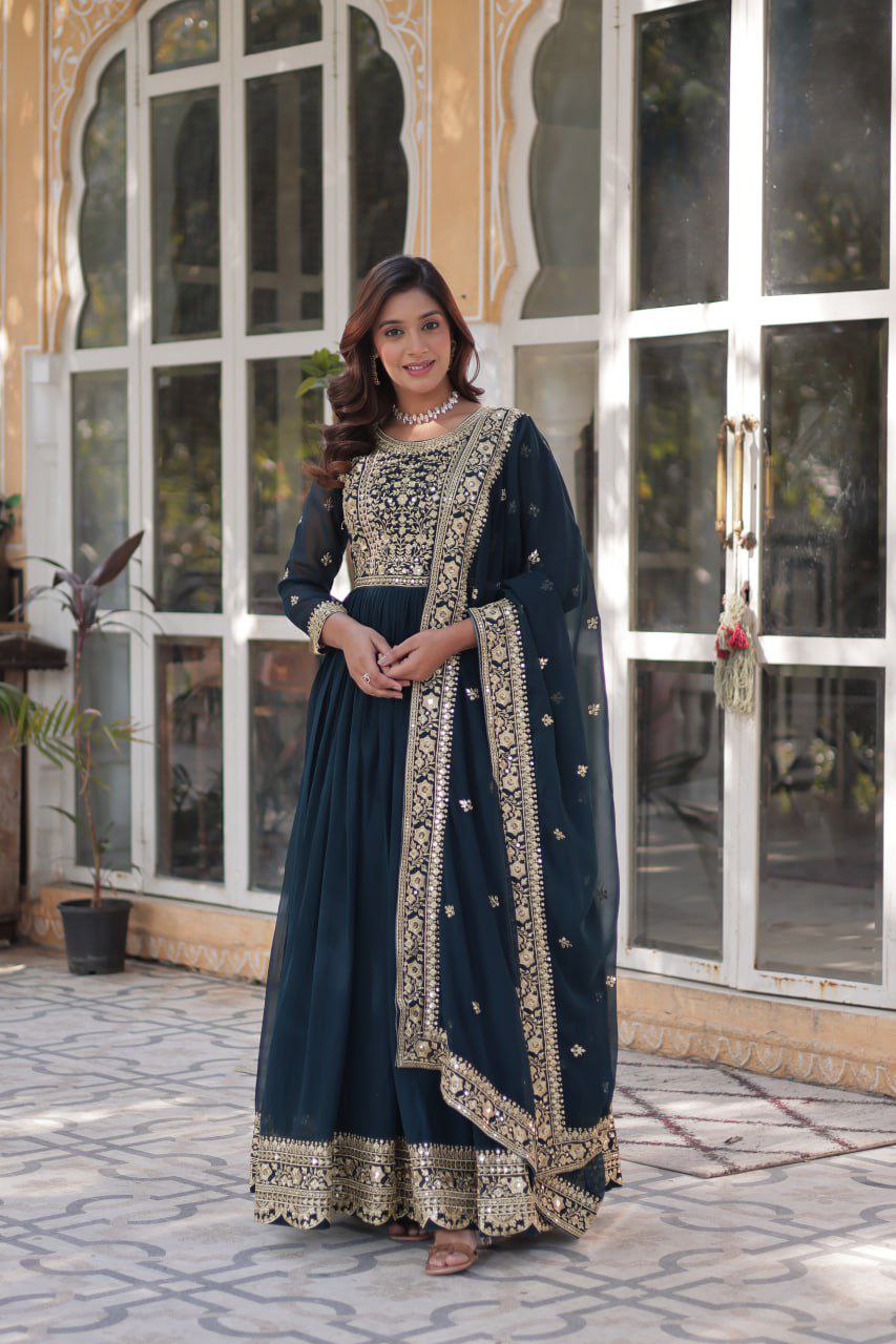Regal Embroidered Anarkali Set with Dupatta – Purple & Navy Blue