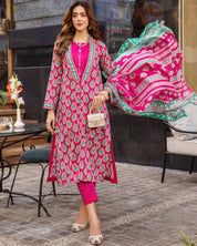 Vibrant Pink & Green Printed Ethnic 3-Piece Suit (K262)