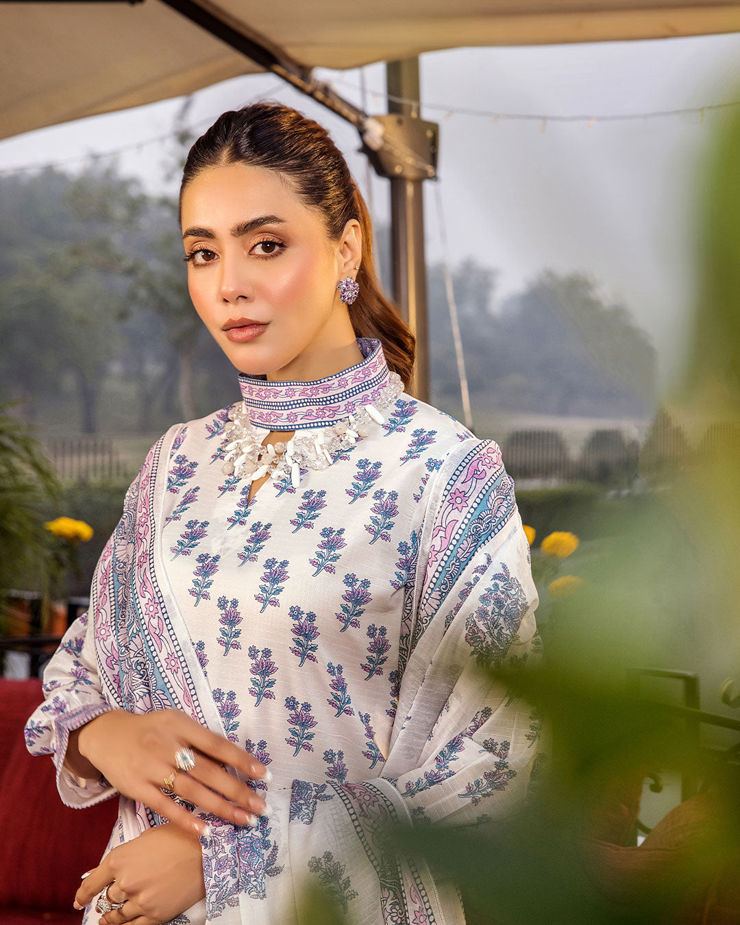 Elegant Off-White & Blue Printed Ethnic 3-Piece Set (K260)
