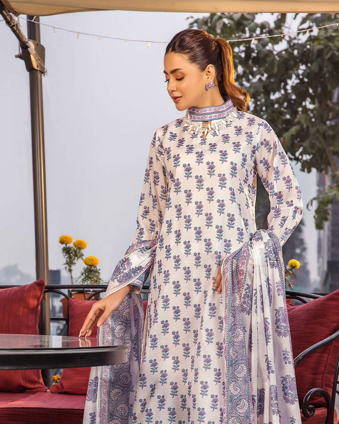 Elegant Off-White & Blue Printed Ethnic 3-Piece Set (K260)