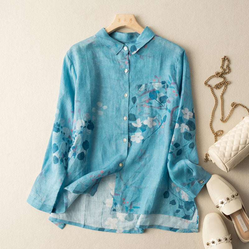 Blue Floral Printed Shirt For Women (W1)