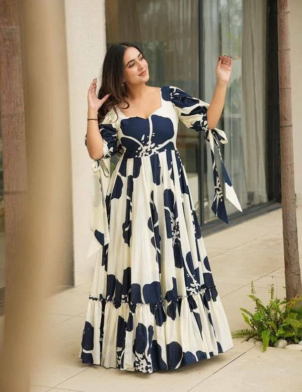 Blue floral abstract print maxi dress front view
